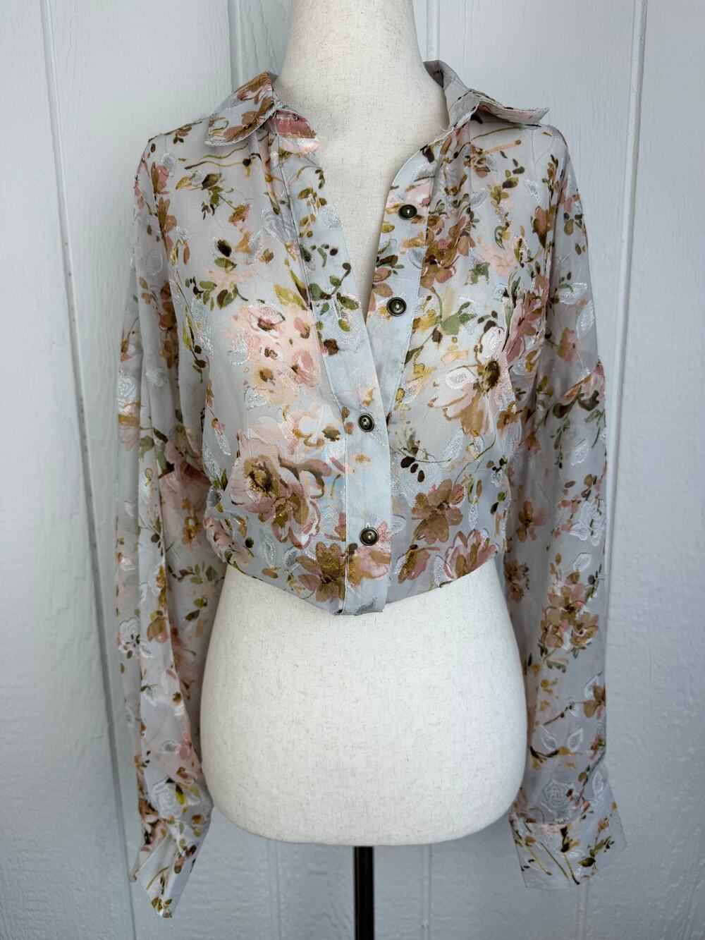 Y2K Daytrip Floral Sheer Button Down Blouse M Romantic Cottagecore